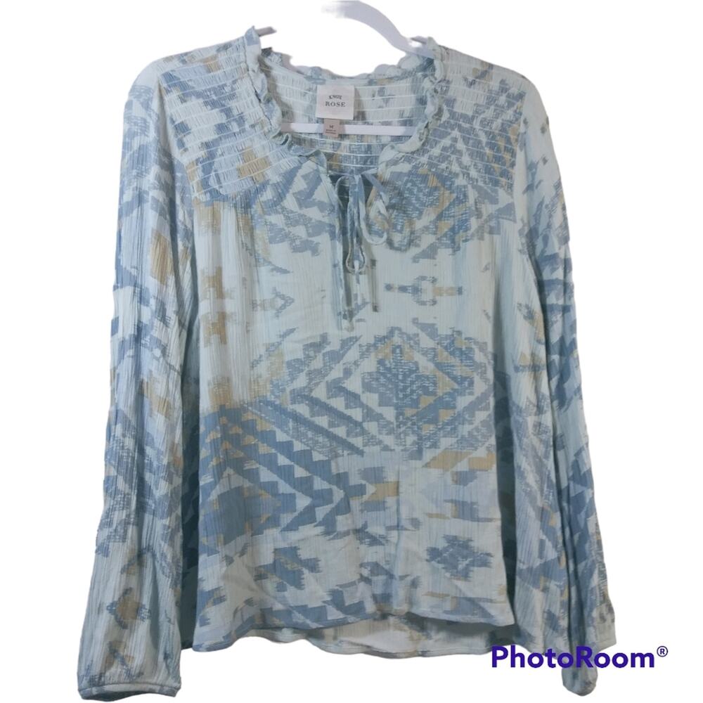 Knox Rose Blue Boho Western Print Top Size M